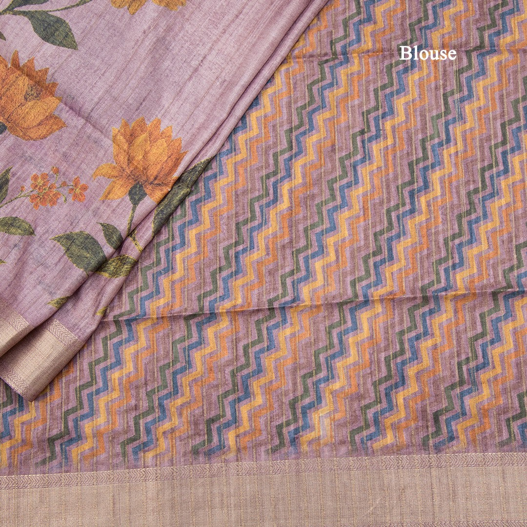 Tussar Onion Pink Floral Printed Saree With Zari Border