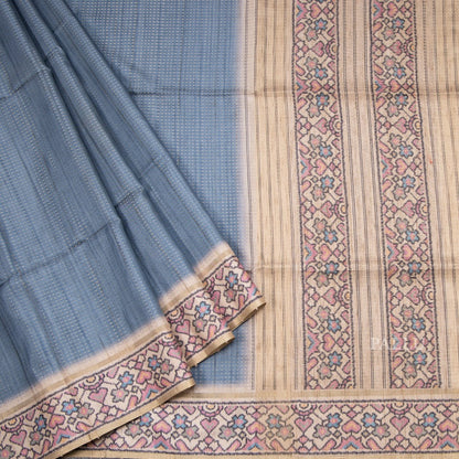 Tussar Greyish Blue Zari Worked Saree With Printed Border