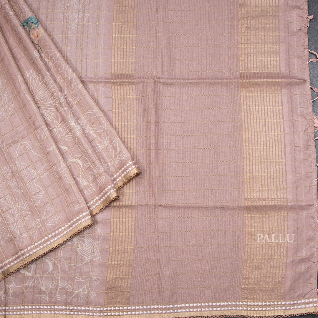Tussar Light Brown Zari Checked Saree With Printed Work