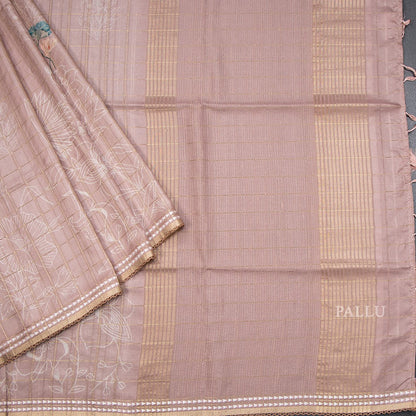 Tussar Light Brown Zari Checked Saree With Printed Work