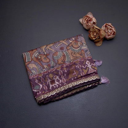 Raw Silk Plum Purple Kalamkari Printed Saree And Zari With Chamki Border