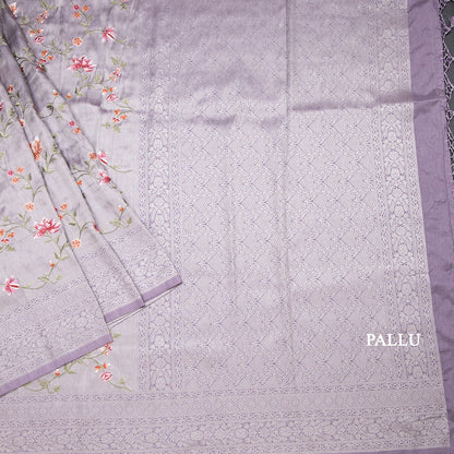 Banaras Lavender Zari With Floral Thread Work Saree