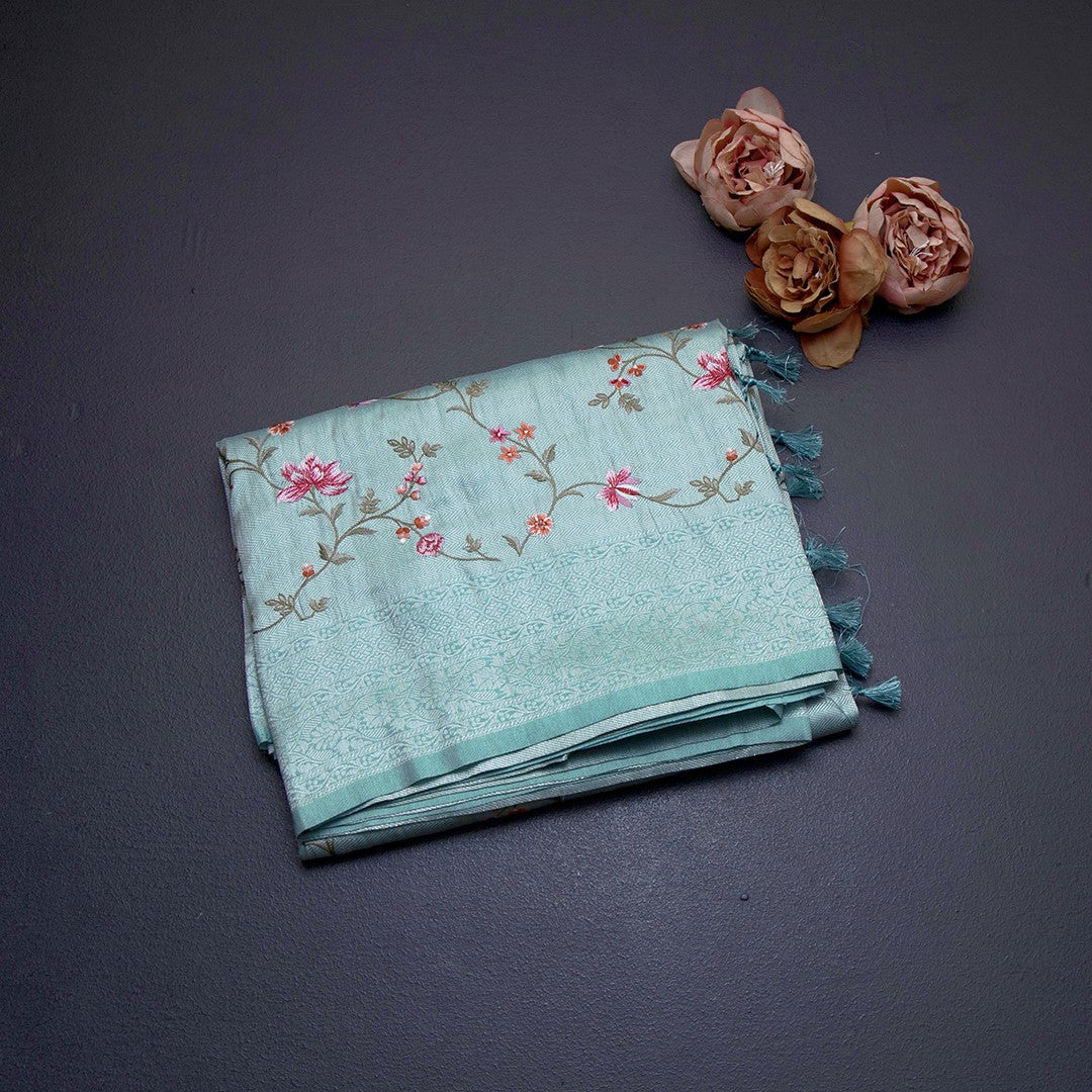 Banaras Sea Green Zari With Floral Thread Work Saree