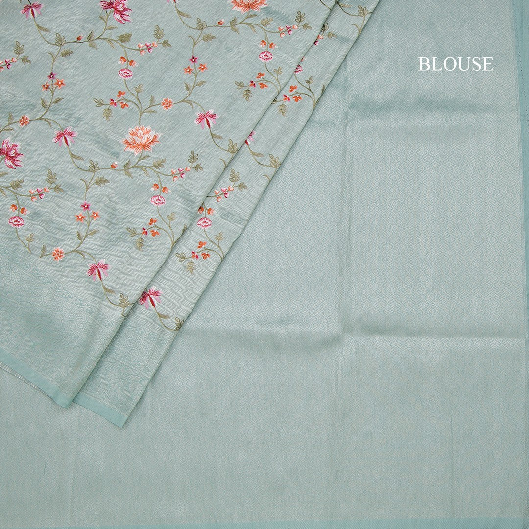 Banaras Sea Green Zari With Floral Thread Work Saree