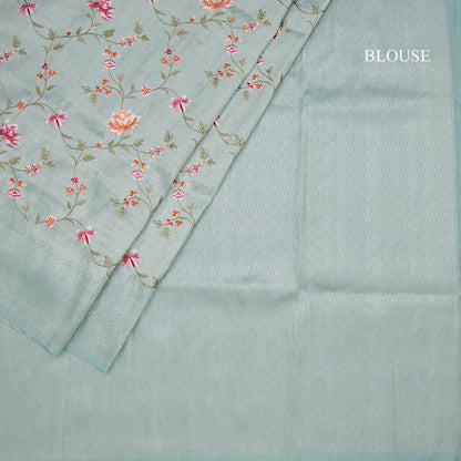 Banaras Sea Green Zari With Floral Thread Work Saree