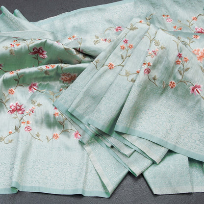 Banaras Sea Green Zari With Floral Thread Work Saree