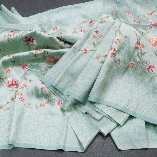 Banaras Sea Green Zari With Floral Thread Work Saree