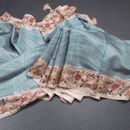 Raw Silk Greyish Blue Zari Stripes Saree With Printed Border