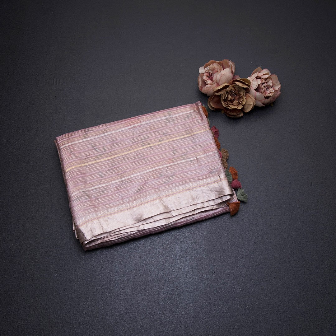 Tissue Banarasi Onion Pink Zari Stripes Saree With Floral Thread Work Blouse