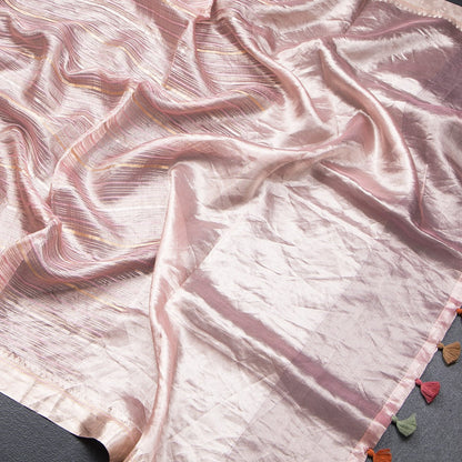 Tissue Banarasi Onion Pink Zari Stripes Saree With Floral Thread Work Blouse