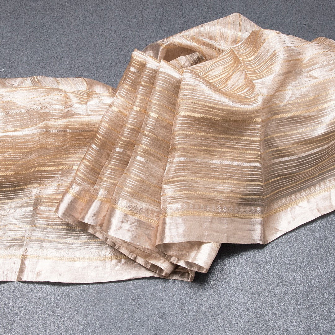 Tissue Banarasi Light Brown Zari Stripes Saree With Floral Thread Work Blouse