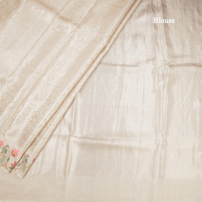 Banarasi Cream Zari Worked Saree With Thread Embroidered Border