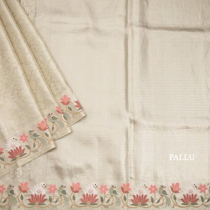 Banarasi Light Pista Green Zari Worked Saree With Thread Embroidered Border
