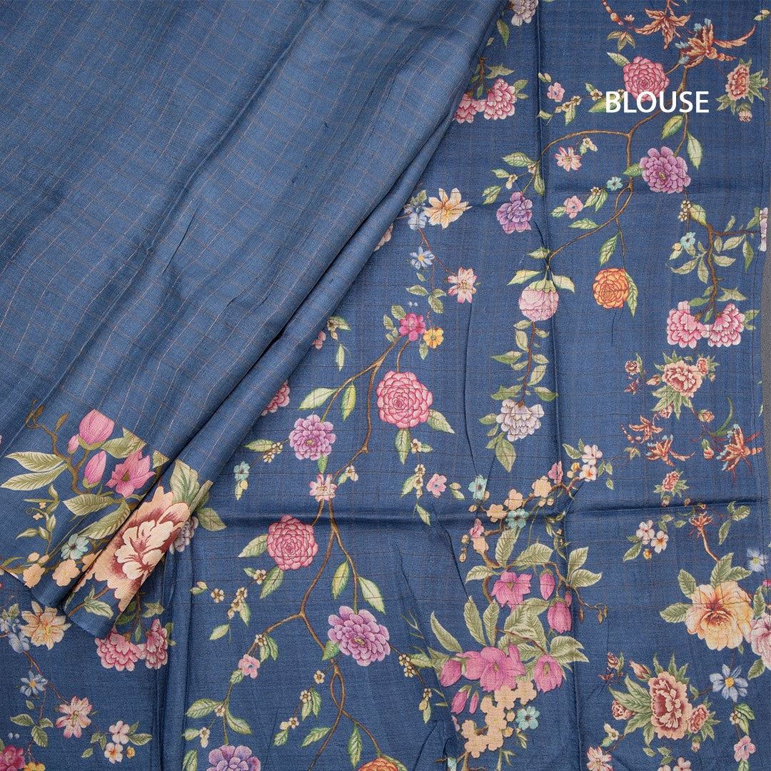 Pure Tussar Blue Checked Saree With Floral Printed Border