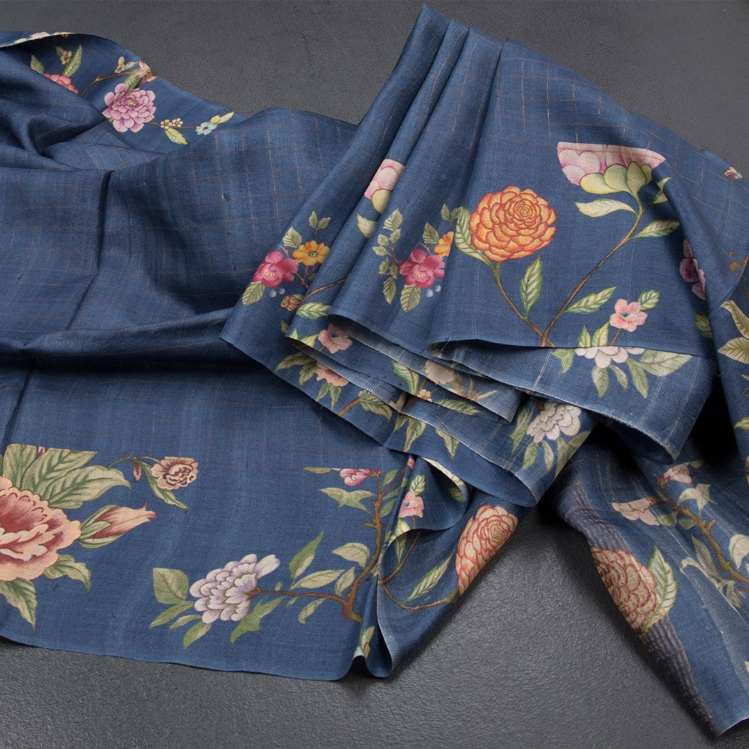 Pure Tussar Blue Checked Saree With Floral Printed Border