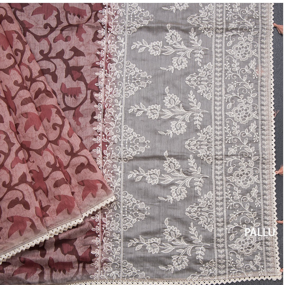 Semi Linen Rosewod Pink Floral Printed Saree