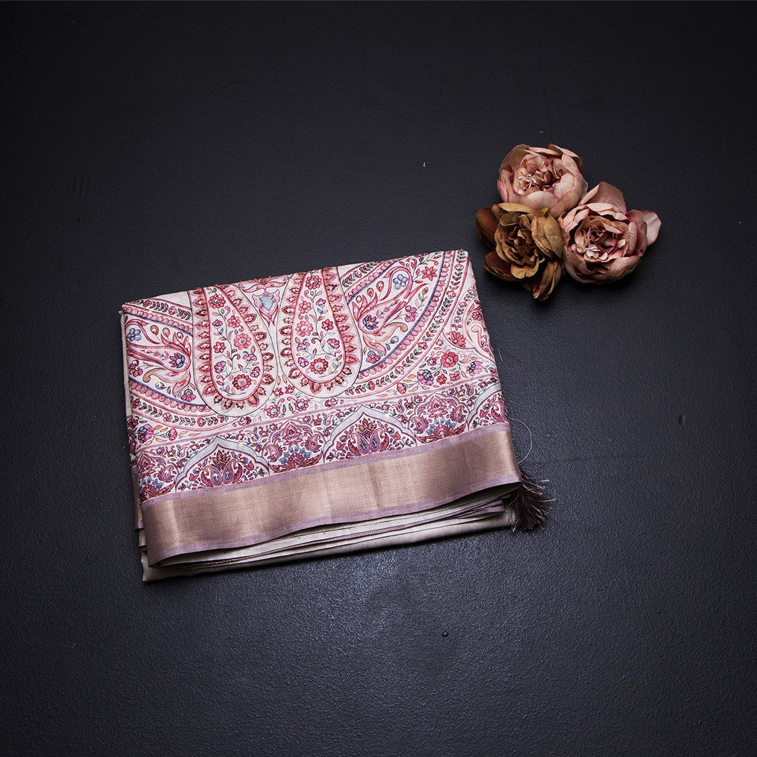 Katan Silk Cream Printed With Sequence Work Saree 03
