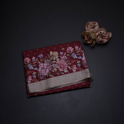 Katan Silk Maroon Floral Printed With Sequence Work Saree And Thread Border