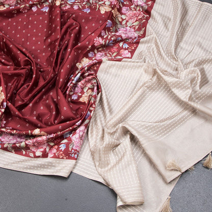 Katan Silk Maroon Floral Printed With Sequence Work Saree And Thread Border