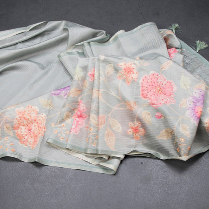 Raw Silk Pista Green Zari stripes Saree And Printed Sequence Work