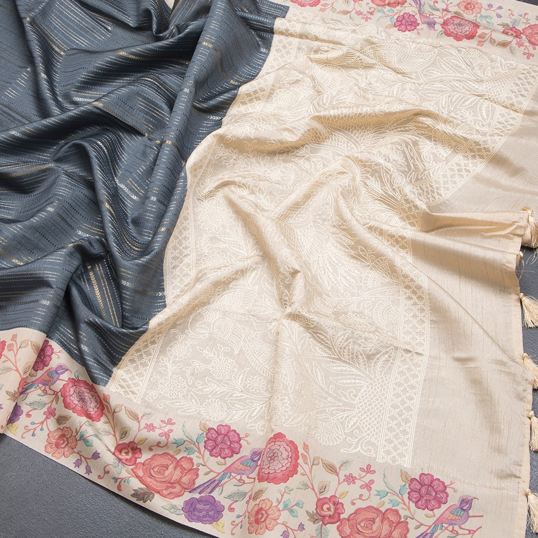 Raw Silk Dark Grey Zari Stripes Saree With Printed Border