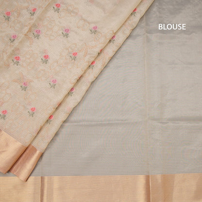 Tissue Kota Cream Thread Embroidered Saree With Zari Border 02