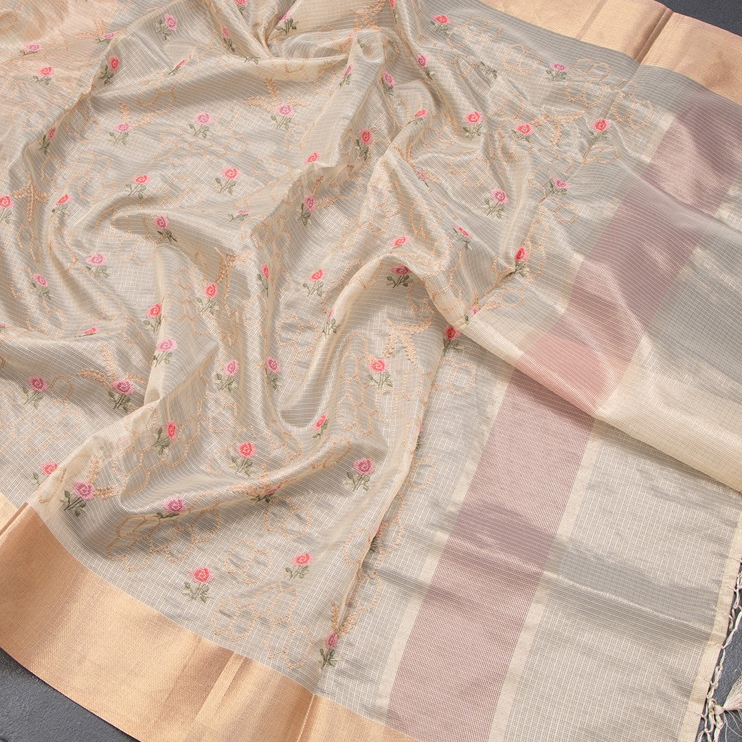 Tissue Kota Cream Thread Embroidered Saree With Zari Border 02