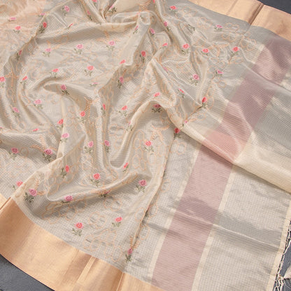 Tissue Kota Cream Thread Embroidered Saree With Zari Border 02