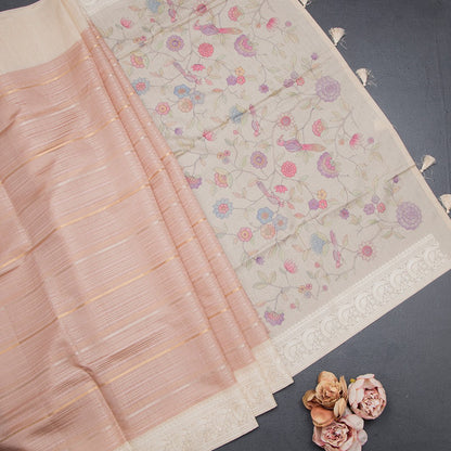 Raw Silk Baby Pink Zari Stripes Saree With Printed Border