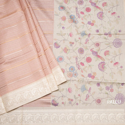 Raw Silk Baby Pink Zari Stripes Saree With Printed Border