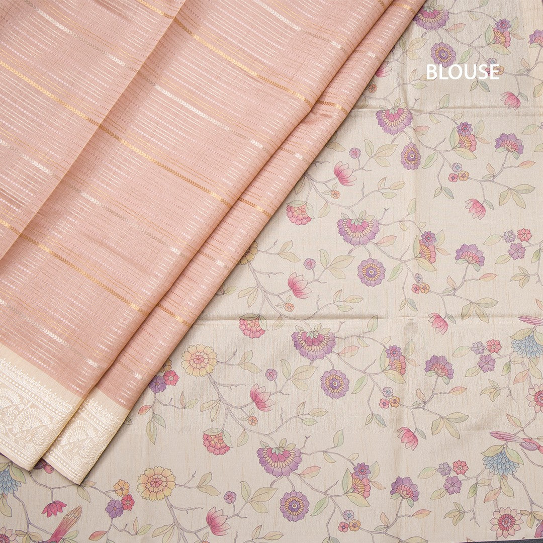 Raw Silk Baby Pink Zari Stripes Saree With Printed Border