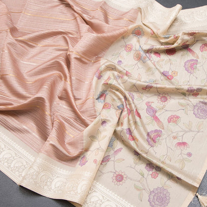 Raw Silk Baby Pink Zari Stripes Saree With Printed Border