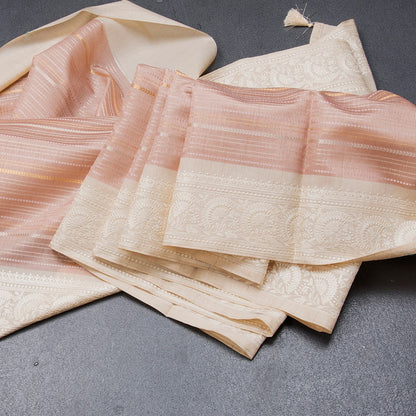 Raw Silk Baby Pink Zari Stripes Saree With Printed Border