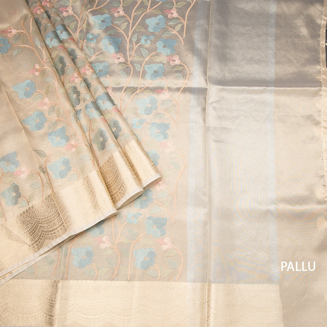 Tissue Gold Floral Thread Embroidered With Zari Border