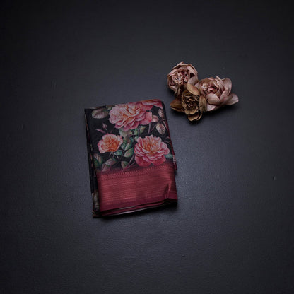 Semi Linen Black Floral Printed Saree With Zari Border