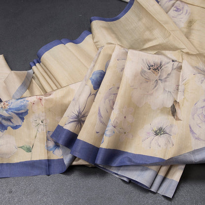 Semi Raw Silk Pastel Yellow Floral Printed Saree With Ribbon Border