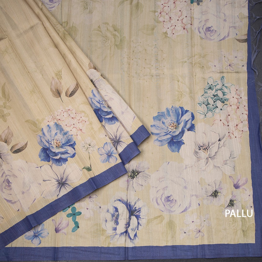 Semi Raw Silk Pastel Yellow Floral Printed Saree With Ribbon Border