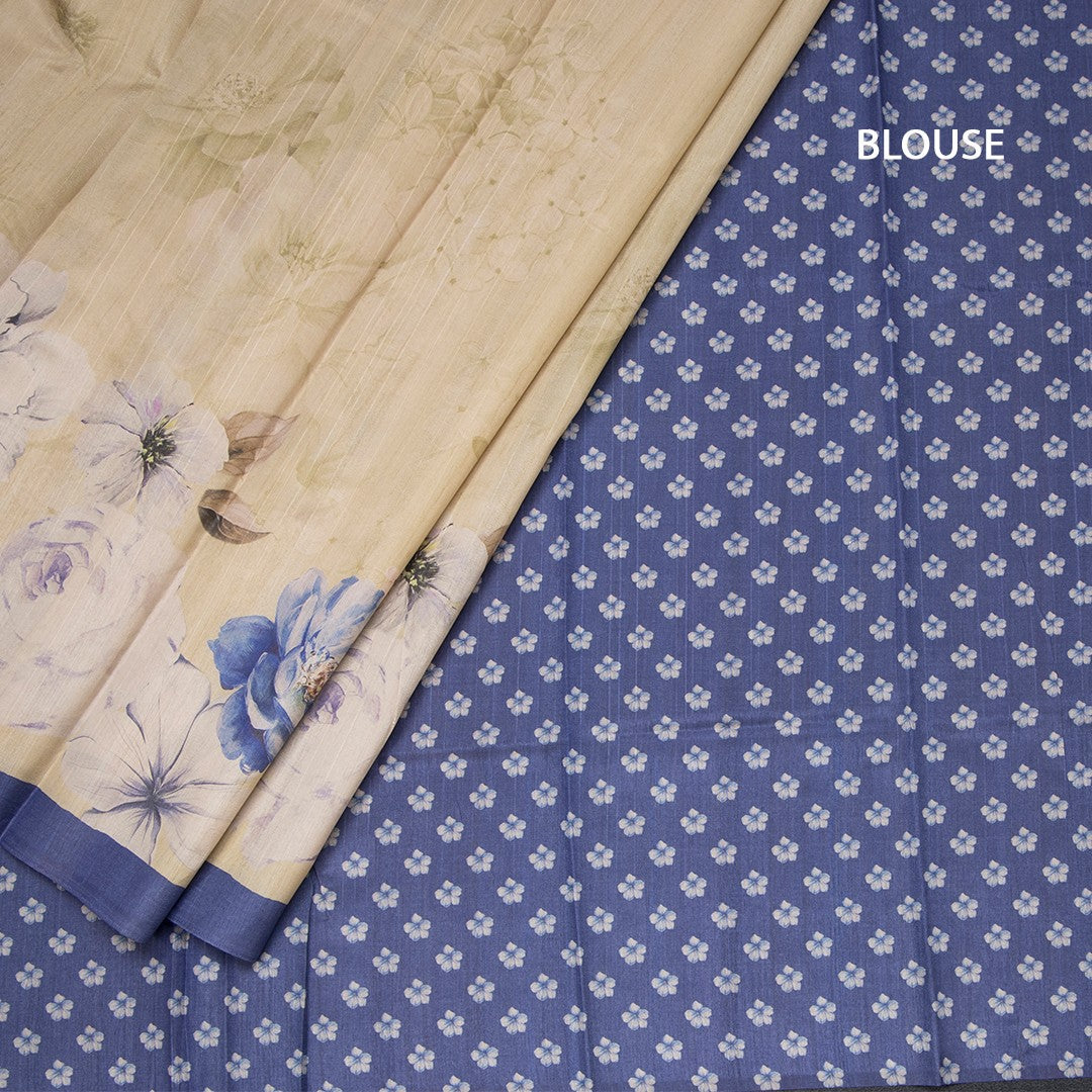 Semi Raw Silk Pastel Yellow Floral Printed Saree With Ribbon Border