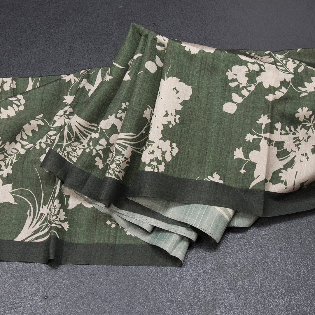 Semi Raw Silk Leaf Green Floral Printed Saree With Ribbon Border