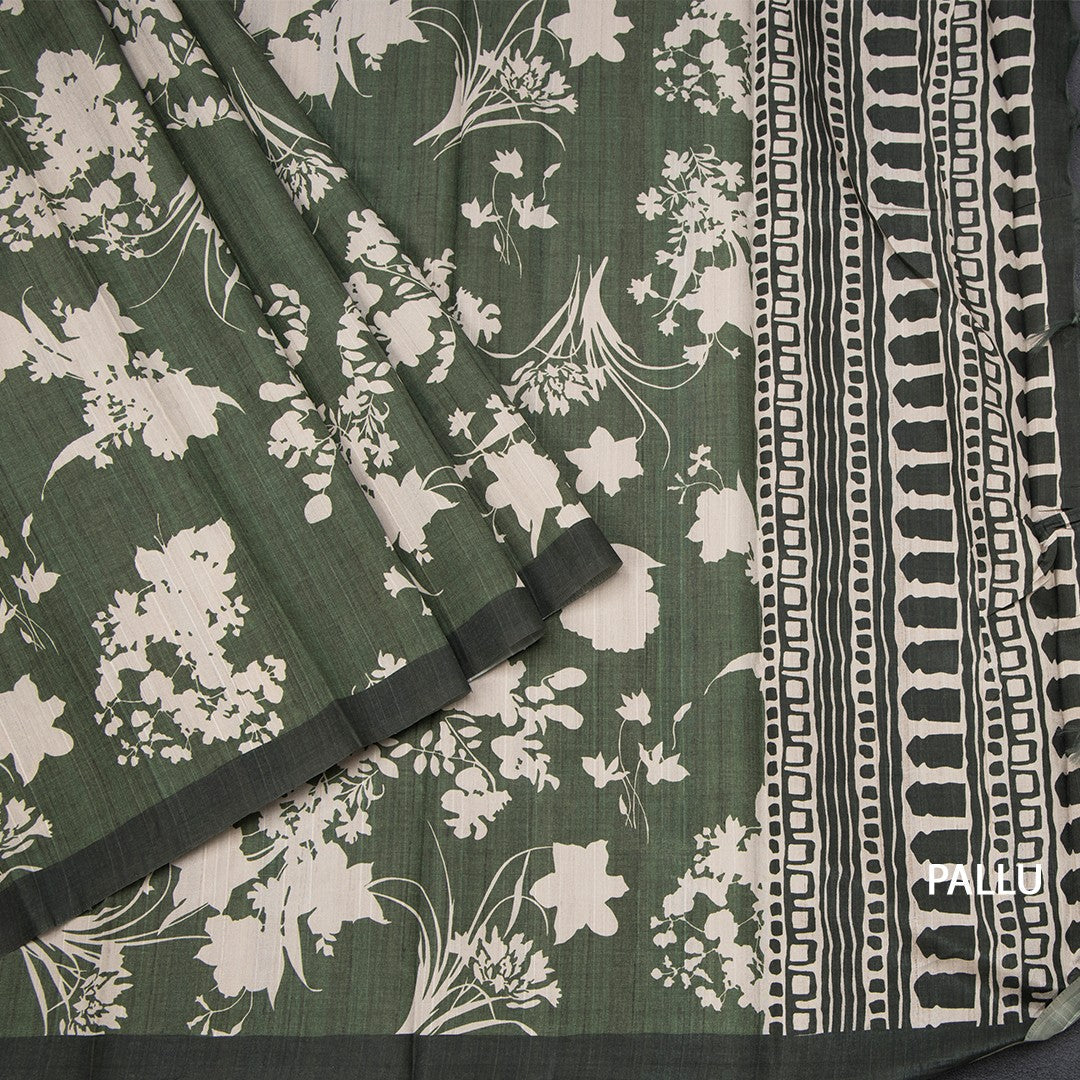 Semi Raw Silk Leaf Green Floral Printed Saree With Ribbon Border