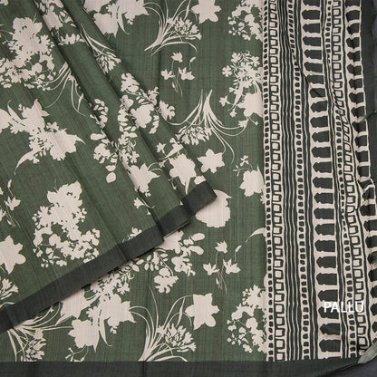 Semi Raw Silk Leaf Green Floral Printed Saree With Ribbon Border