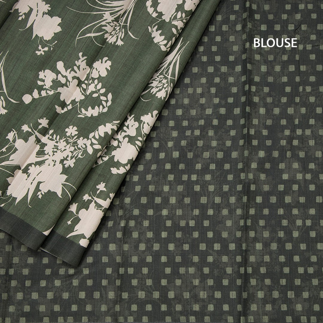 Semi Raw Silk Leaf Green Floral Printed Saree With Ribbon Border