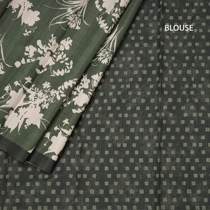 Semi Raw Silk Leaf Green Floral Printed Saree With Ribbon Border