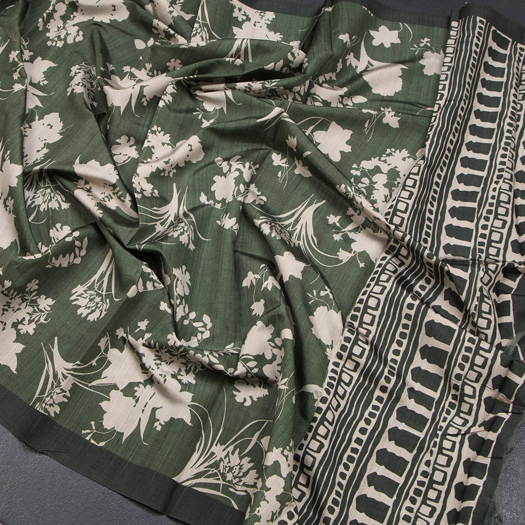 Semi Raw Silk Leaf Green Floral Printed Saree With Ribbon Border
