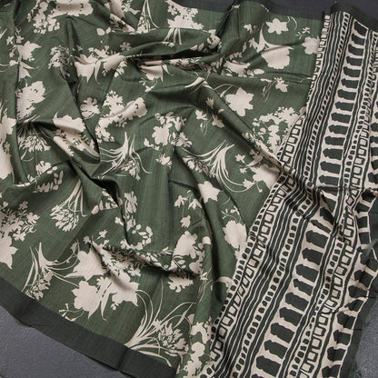Semi Raw Silk Leaf Green Floral Printed Saree With Ribbon Border