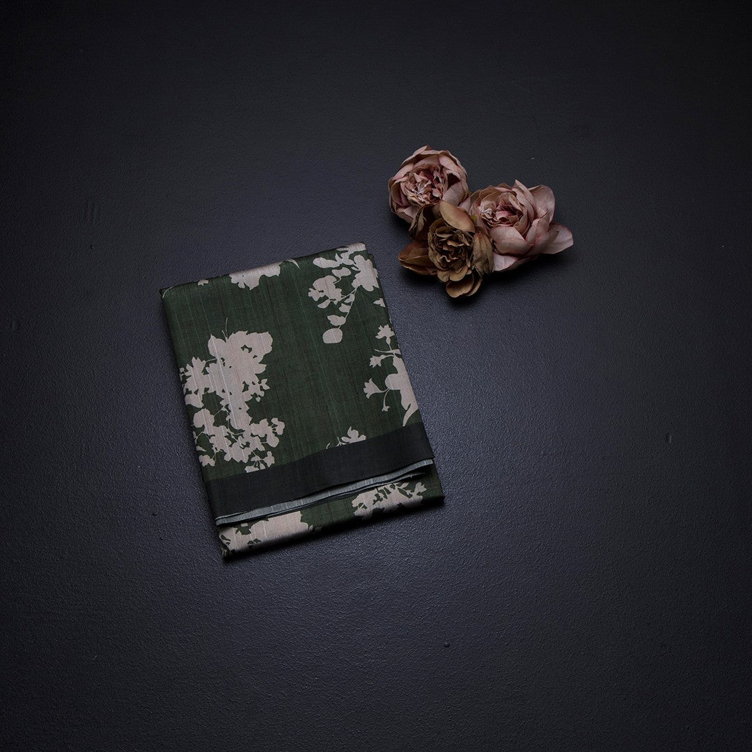 Semi Raw Silk Leaf Green Floral Printed Saree With Ribbon Border