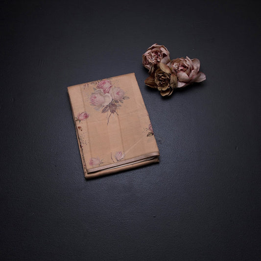 Semi Raw Silk Pastel Orange Floral Printed Borderless Saree