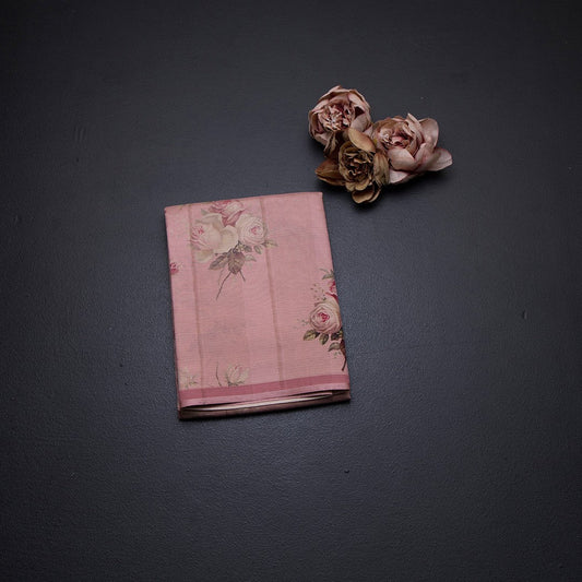 Semi Raw Silk Light Peach Floral Printed Borderless Saree