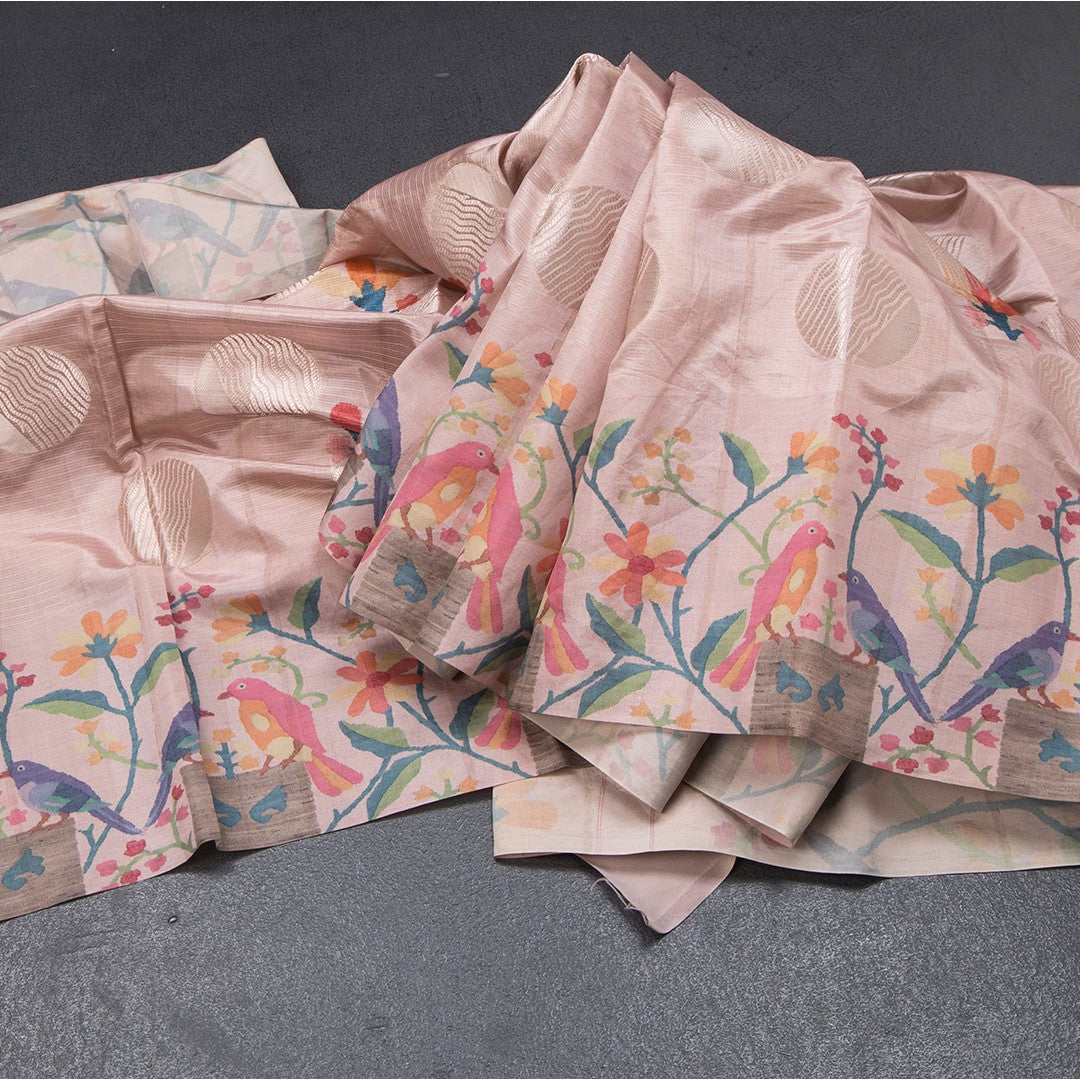 Semi Raw Silk Light Pink Saree With Zari Buttas And Printed Border