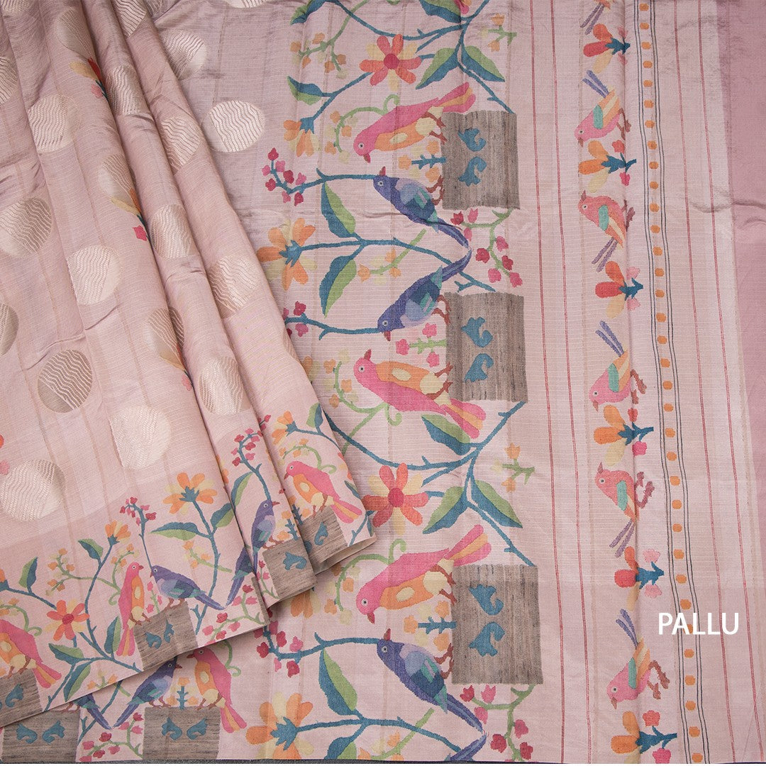 Semi Raw Silk Light Pink Saree With Zari Buttas And Printed Border